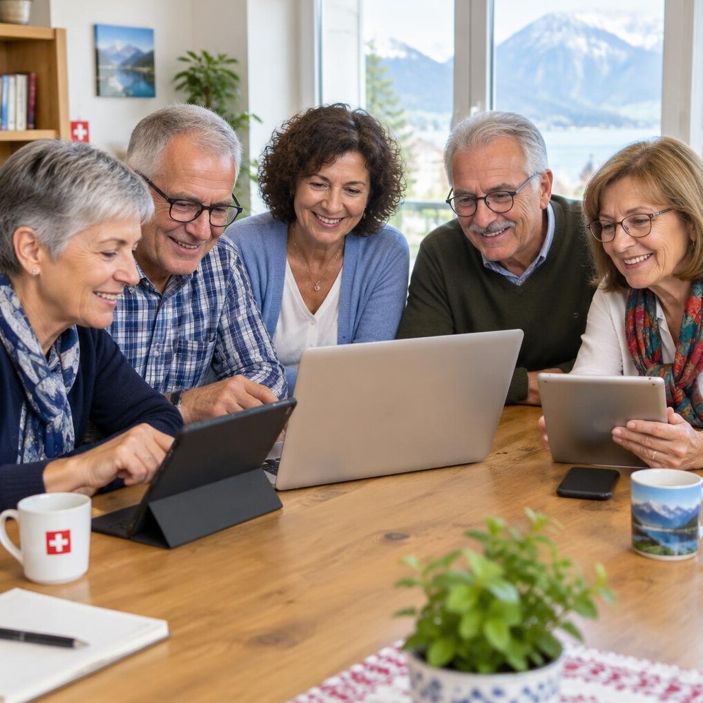Small group of adults of different ages sitting around a table with laptops and tablets in a bright room